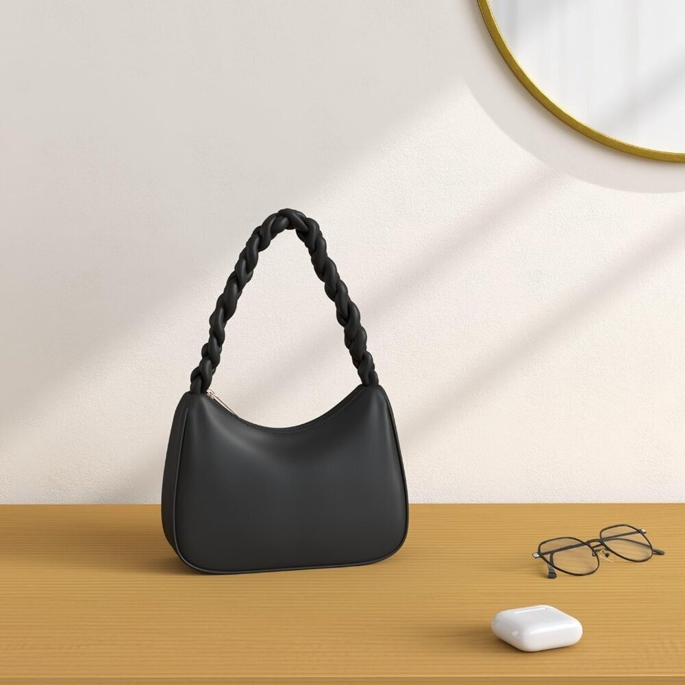 Women’s Braid Black Cute Hobo Tote Handbag Mini Clutch Purse with Zipper Closure - Picture 2 of 8